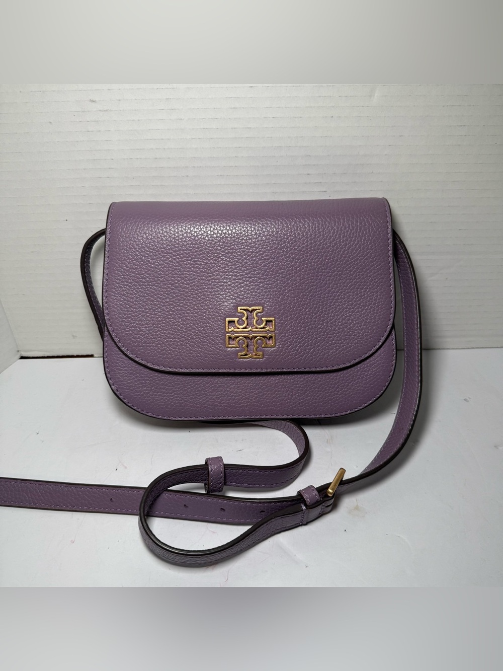 Tory Burch Britten Pebbled Leather Small Saddle Crossbody Bag Lavender Purple
